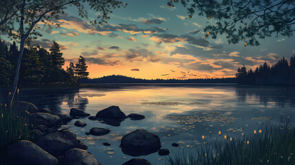 stones dotting serene lake