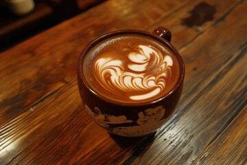 A close-up of a brown mug with latte art on a wooden table