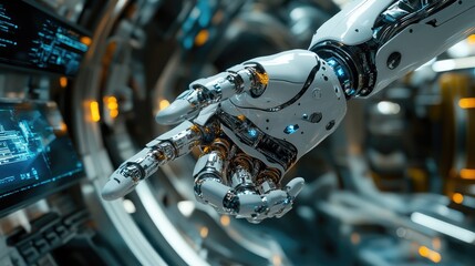 Fototapeta premium Futuristic Robotic Hand in High-Tech Environment: AI Innovation and Advanced Technology