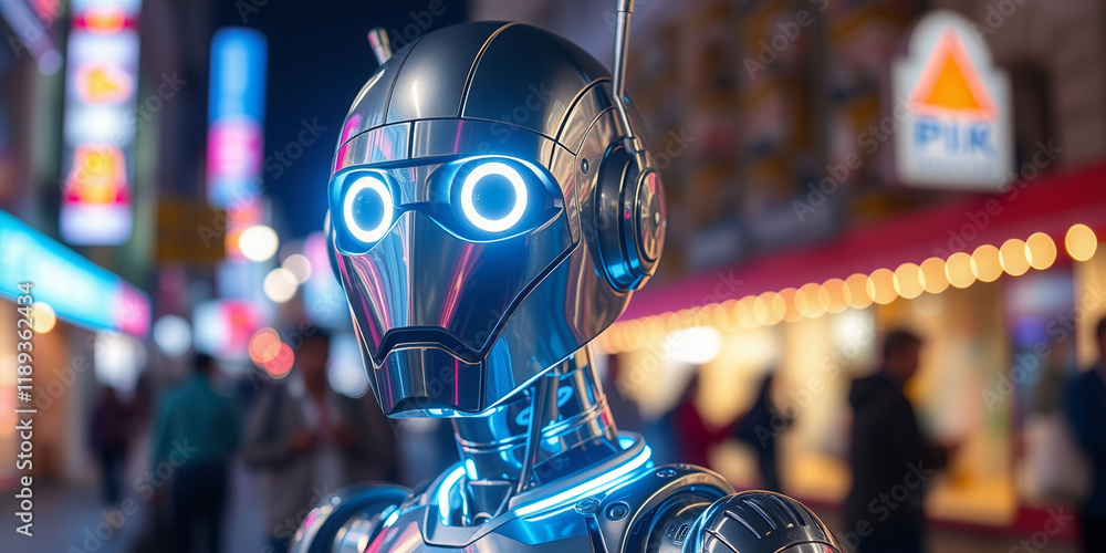 Aufkleber a robot is standing in front of a building with a red triangle on it. the robot is wearing a blue he