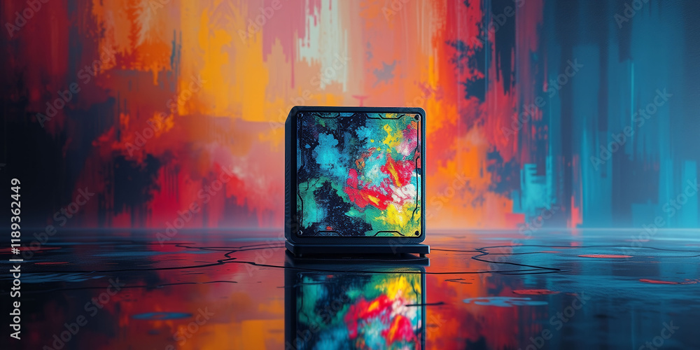 Poster a colorful box with a screen on top of it. the box is placed on a wet surface
