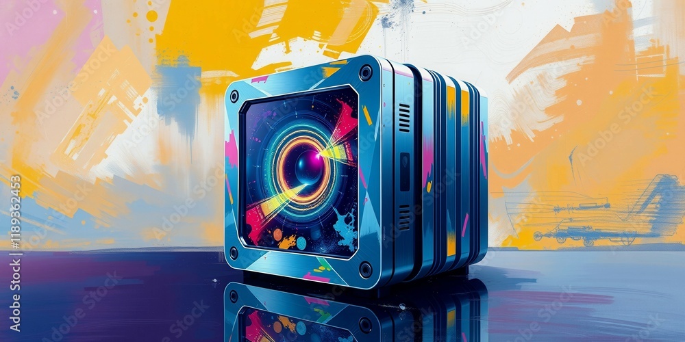 Poster a blue cube with a colorful design on it. the cube is surrounded by a colorful background. the cube 
