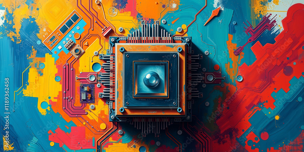 Poster a colorful computer chip with a blue ball in the middle. the chip is surrounded by a colorful backgr