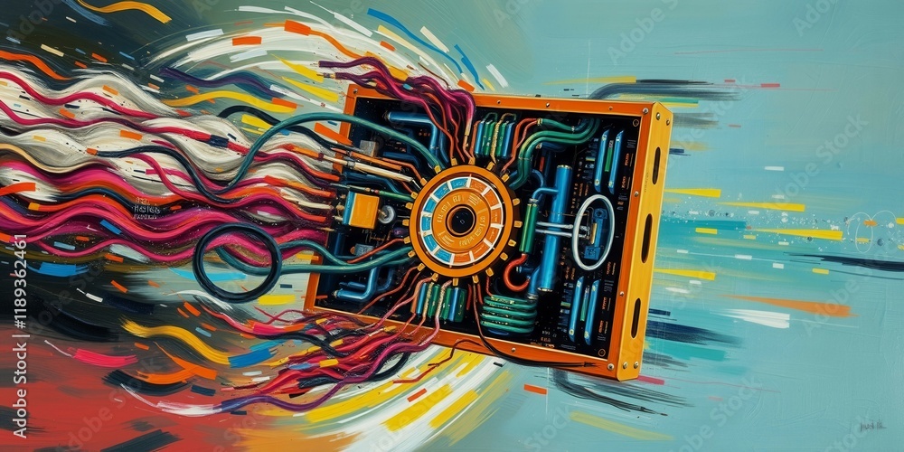 Poster a painting of a computer with a yellow box on it. the box is surrounded by wires and the painting is