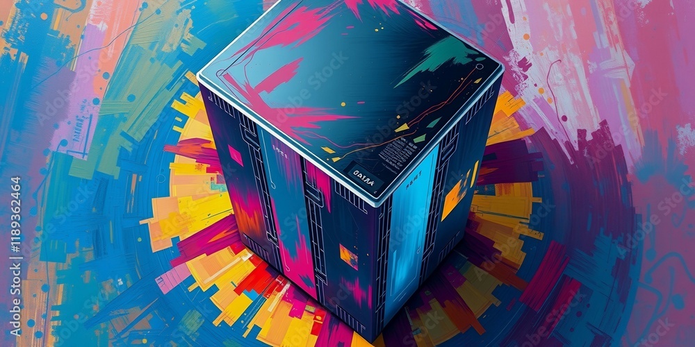 Poster a colorful cube is on a round surface. the cube is surrounded by a colorful background. the image ha