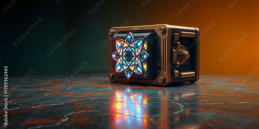 Poster a box with a colorful design on it sits on a table. the box is made of metal and has a shiny, reflec