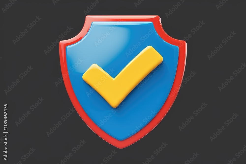 Poster a blue shield with a yellow checkmark, symbolizing security and approval.