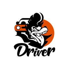 Mechanic Big Bad Wolf Grin black, red and white retro illustration tattoo mascot or logo, traditional tale character, retro car