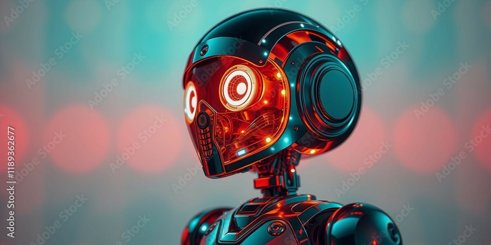 Poster a robot is standing in front of a building with a red triangle on it. the robot is wearing a blue he