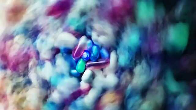 Background with pills and capsules in neon blue and purple colors. Medical drug or dietary supplement concept