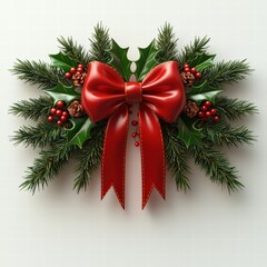 Christmas Bow Decoration: A festive arrangement featuring a large, glossy red bow adorned with holly, pine sprigs, and pinecones, creating a vibrant and elegant Christmas decoration. 