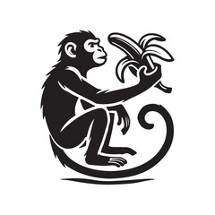 Monkey holding a banana silhouette vector illustration black color design and solid white background