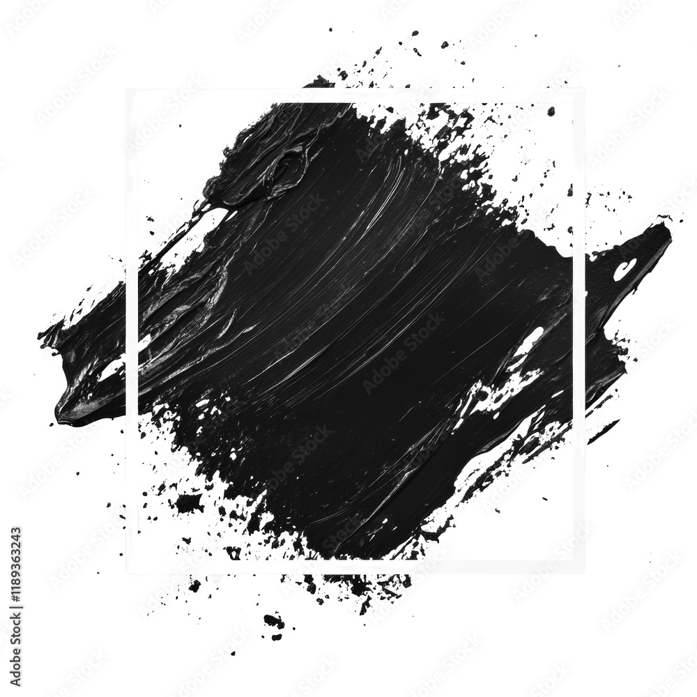 Poster An abstract image featuring a black paint stroke within a white square frame against a black background creating a striking visual contrast.