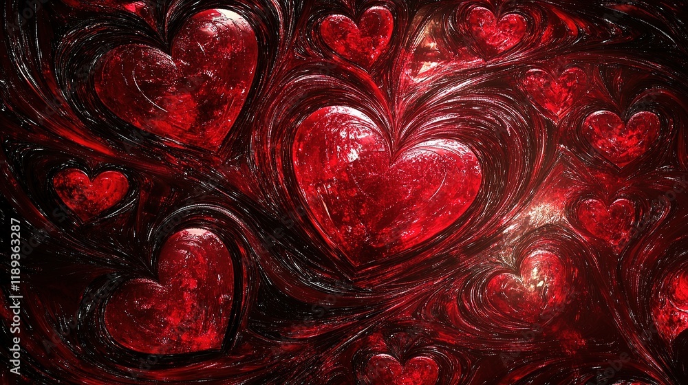 Poster intertwined hearts with swirls and dynamic background design