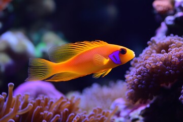 a vibrant orange fish swims among coral in a dark blue aquarium