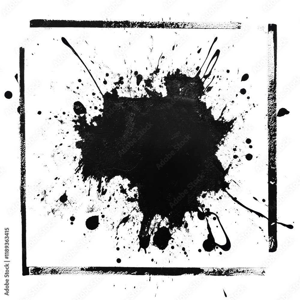 Poster an abstract image showcasing a central black ink splatter framed by a thick white border creating a 
