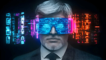 Senior man wearing futuristic VR glasses, digital data streams, dark background;  website header, tech article illustration