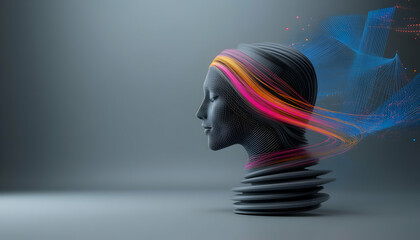 Serene sculpted head with vibrant energy flow, abstract background, representing digital consciousness, ideal for tech or AI concepts