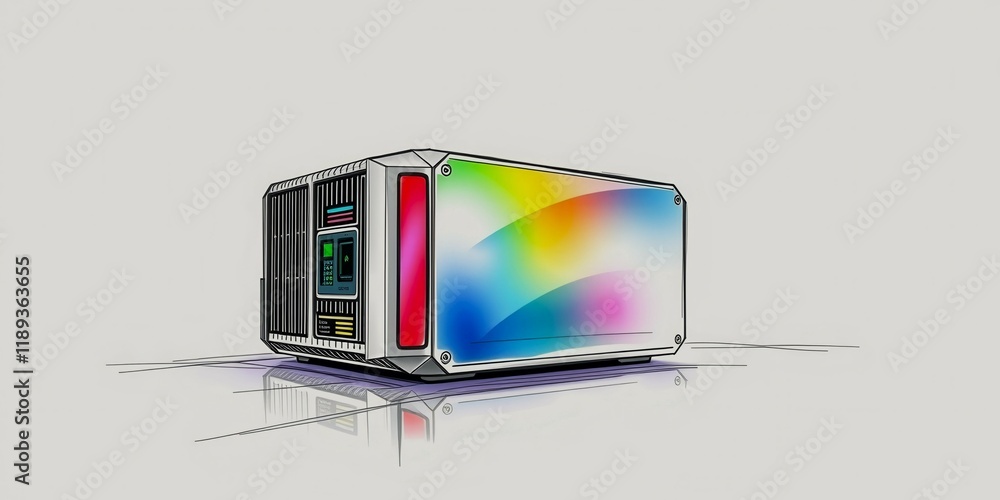 Poster a box with a screen on it. the box is colorful and has a shiny surface. the box is designed to be a 