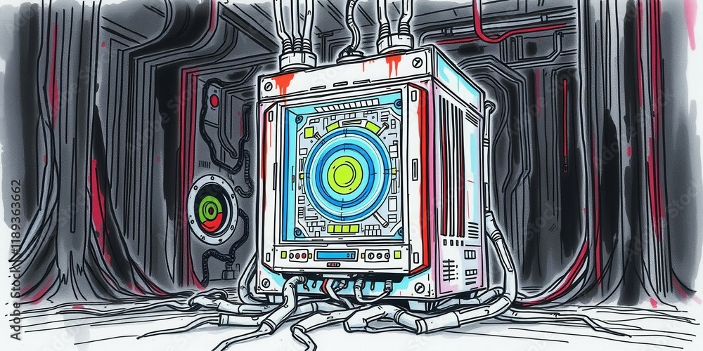 Poster a drawing of a box with a green circle on it. the box is surrounded by wires and has a red button on