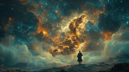 Obraz premium Man gazing at a celestial, book-shaped nebula in a dreamy, surreal landscape.