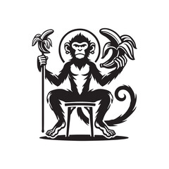 Monkey holding a banana silhouette vector illustration black color design and solid white background