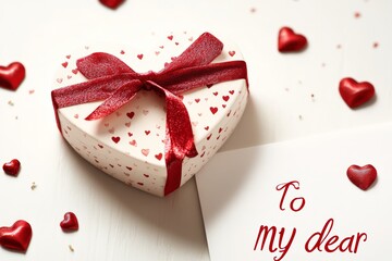 A heart-shaped gift box, tied with a red ribbon, is placed on an envelope and surrounded by small hearts, representing the spirit of Valentine's Day. 