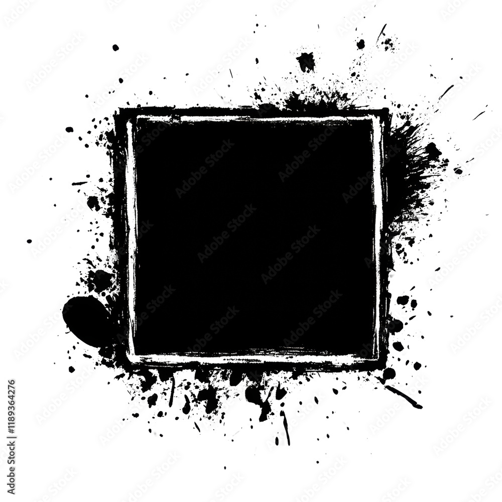 Aufkleber a stylized square frame surrounded by abstract white paint splashes on a black background.