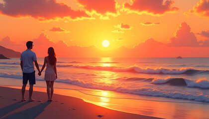 Vector illustration of sunset over sea with couple on beach
