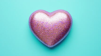 Glittery pink heart on vibrant turquoise background, radiating charm