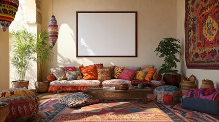 Bohemian Living Room: Vibrant Textiles and Warm Sunlight