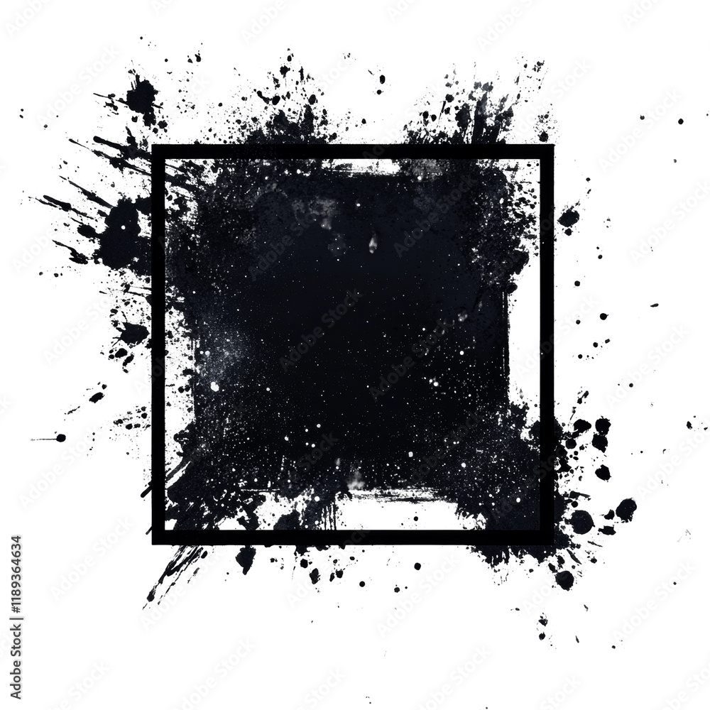 Poster a stylized square frame surrounded by abstract white paint splashes on a black background.