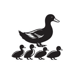 Ducklings in a line silhouette vector illustration black color design and solid white background