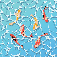 Koi carps fish in blue pond art vector minimal. Line drawing design for print cover and wallpaper. Anime style art.