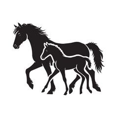 Obraz premium Horse and foal walking silhouette vector art illustration