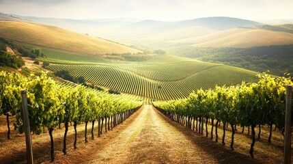 Naklejka premium Sunlit vineyard rows, rolling hills, rural landscape, idyllic wine country scene. Ideal for wine, travel, or agriculture marketing