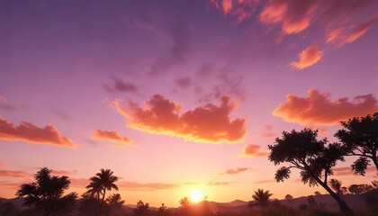 Warm blue sky with vibrant hues of orange and pink at sunset amidst a bright summer sun background, vibrant colors, landscape