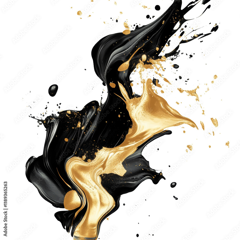 Poster a dynamic abstract artwork depicting a splash of black and gold liquid with intricate details and hi