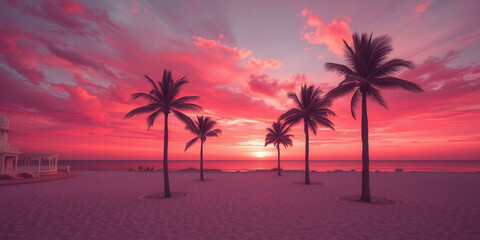A painting of a beach with a sunset in the background. The sky is filled with clouds and the sun is setting. There are palm trees in the foreground and a boat in the water