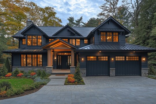 Modern Luxurious Black House with Warm Lighting Set Amidst Lush Autumn Trees