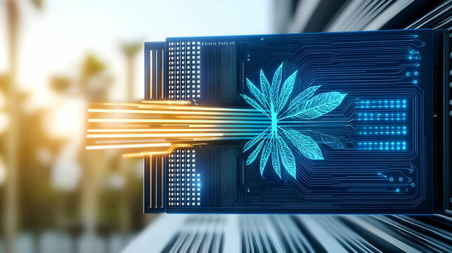 Sustainable tech innovation data flows into a leaf-shaped circuit board, symbolizing eco-friendly computing; modern building background, ideal for tech & environmental reports
