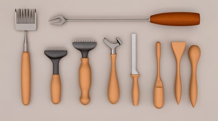Artisan Tool Collection - Craftsmanship tools, detailed design, wooden handles, precision instruments, creative process.