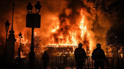 Firefighters observe a large building engulfed in flames at night