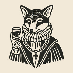 Fox Wearing Medieval Style Clothing and holding a Goblet or Wine, Vintage Animal Portrait Illustration
