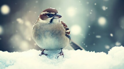 Beautiful bird on tree branch covered with snow in winter.