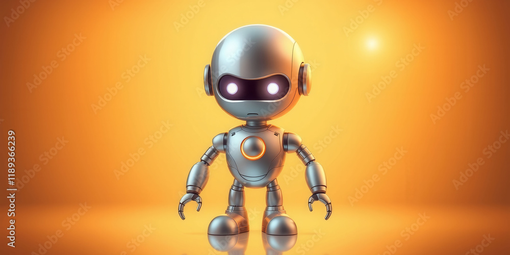 Poster a robot with glowing eyes stands in front of a yellow background. the robot is made of metal and has