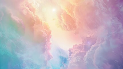 Naklejka premium a surreal dreamscape filled with ethereal light and vibrant hues, white space in the center of the page for text, soft and pastel colors against a backdrop of swirling mist
