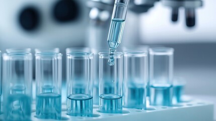 Closeup view of lab process. Liquid added to test tubes. Biotechnological research in lab. Clean environment. Scientific procedure in progress. Innovation in chemical sector. Bio tech applications.
