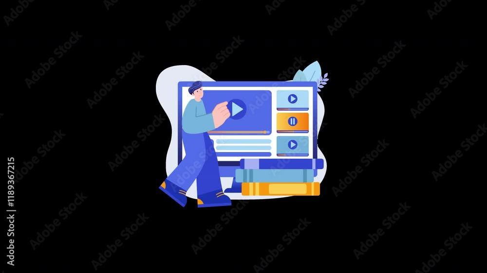 Poster man working on a video project in a modern, flat design. the image showcases a technology-focused sc