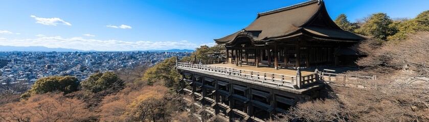 Hilltop temple overlooking city, autumn foliage, clear sky. Travel photo